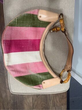 Gucci Pink, Green & Cream Striped Bamboo-Handle Shoulder Bag